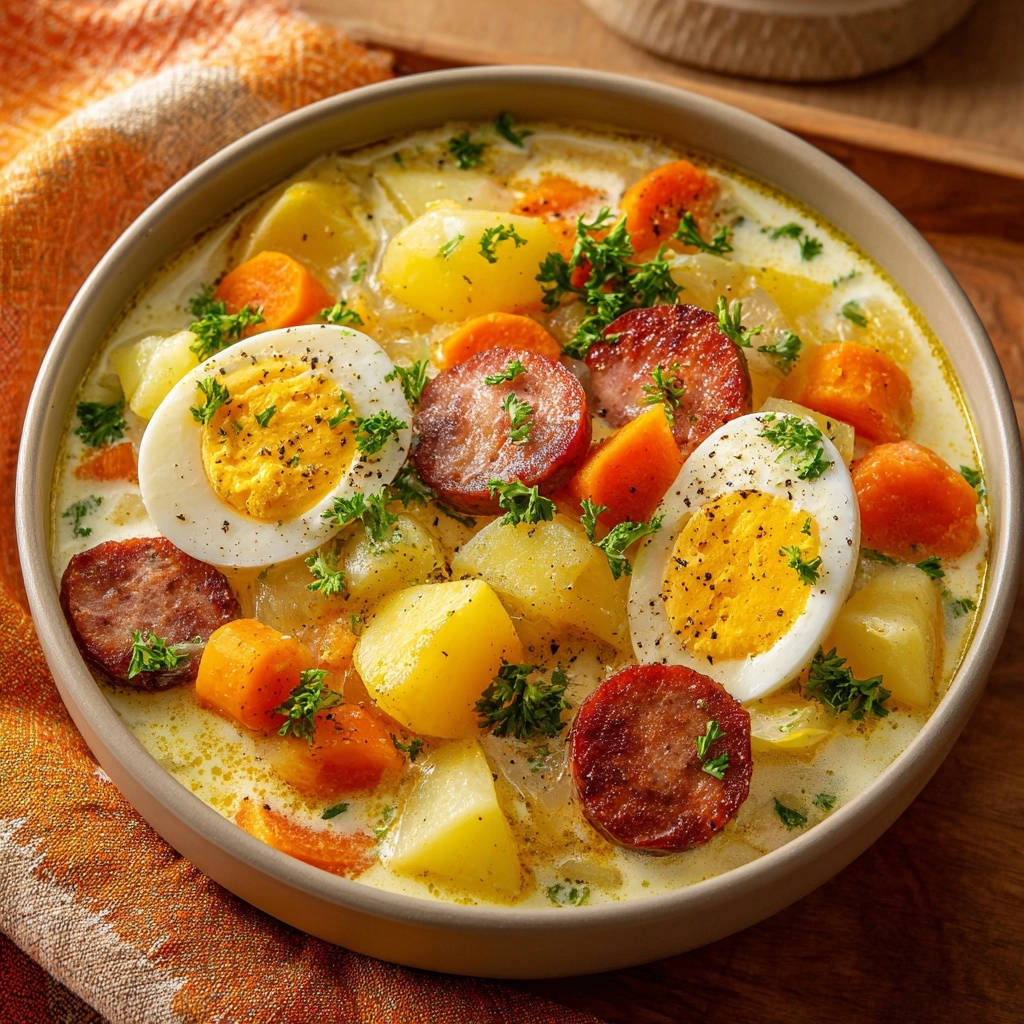 Deftiger Kartoffel-Möhren-Eintopf mit Räucherwurst und Ei, eine Nahaufnahme, die die cremige Konsistenz und die herzhaften Zutaten zeigt.