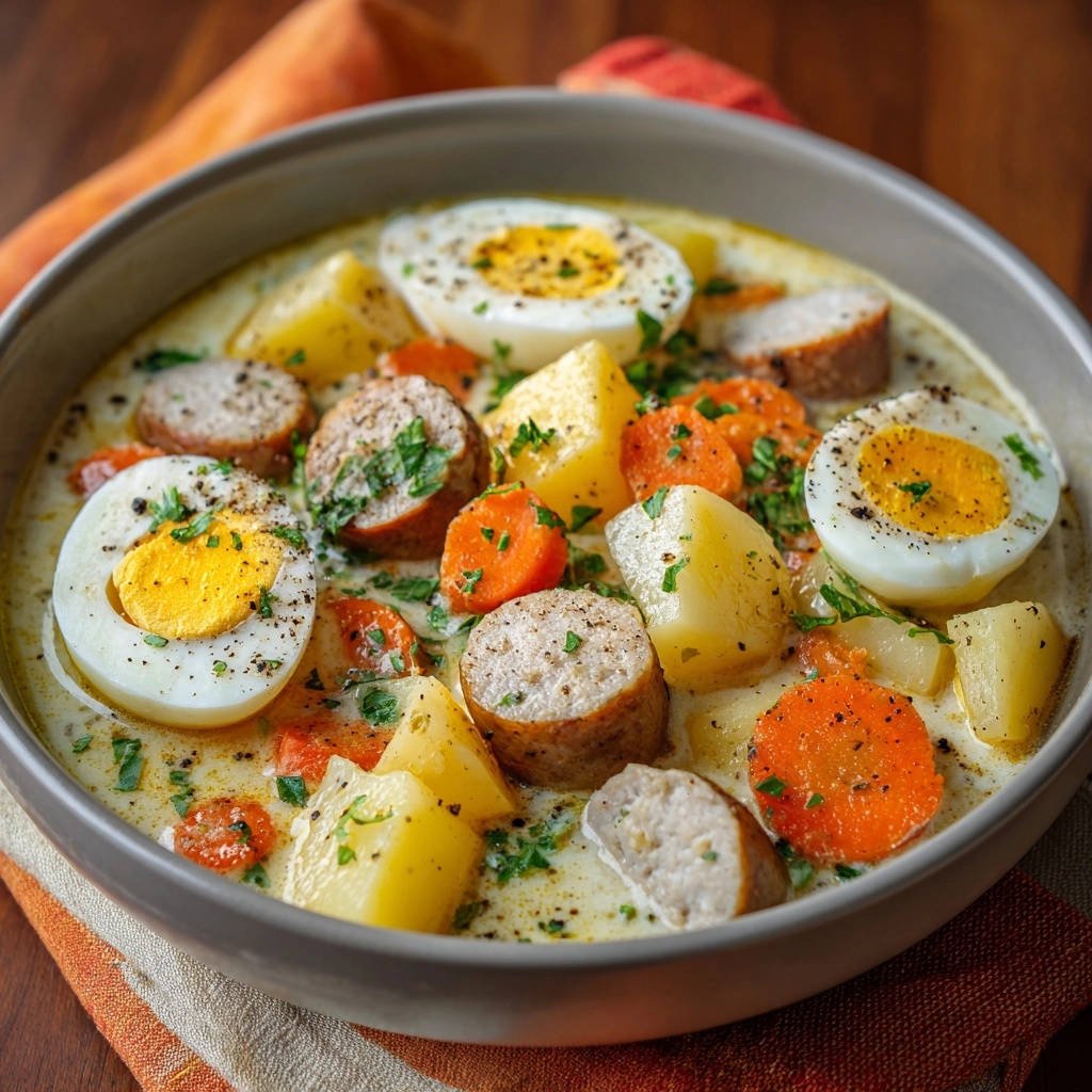 Deftiger Kartoffel-Möhren-Eintopf mit Räucherwurst und Ei, eine Nahaufnahme des herzhaften Eintopfs mit Würstchenstücken, Karotten und Kartoffeln.