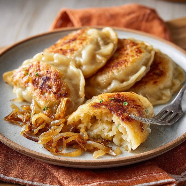 Hausgemachte Kartoffel-Pierogi mit Röstzwiebeln, ein goldbrauner Pierogi angeschnitten mit Gabel, zeigt die kartoffelige Füllung und Zwiebeln.