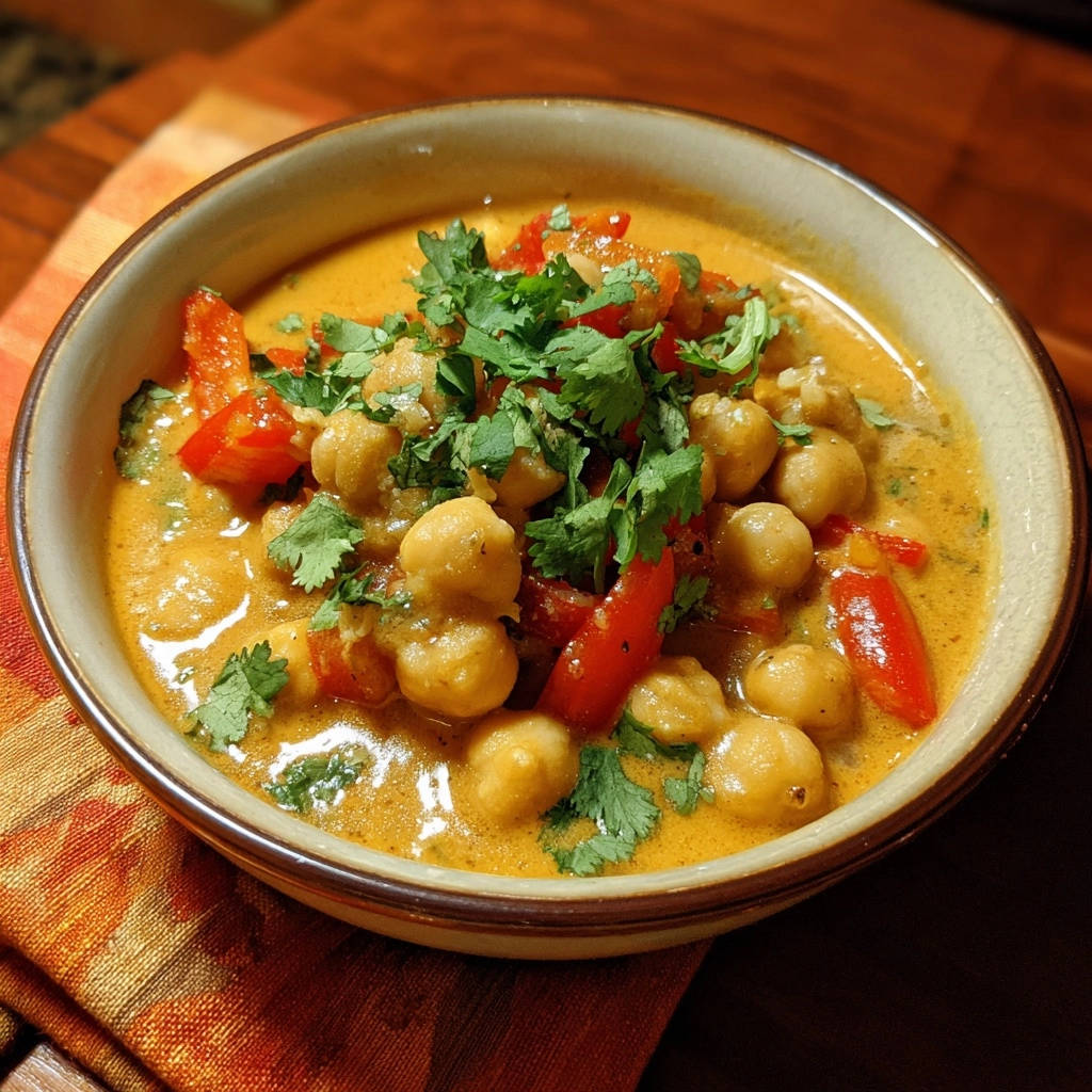 Cremiges Kichererbsen-Curry garniert mit frischem Koriander und roten Paprika in einer Schüssel, Nahaufnahme.
