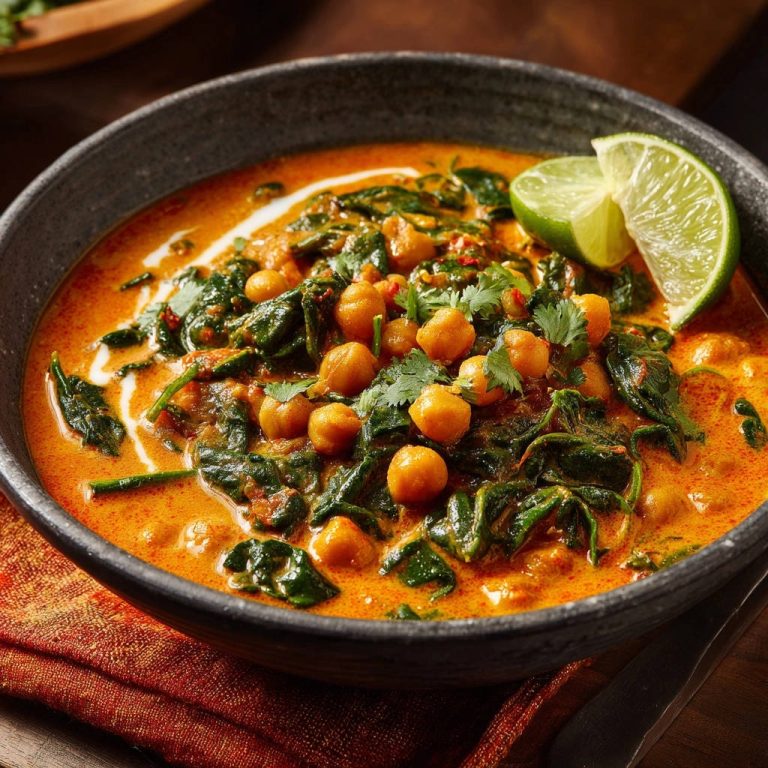 Cremiges Kichererbsen-Spinat-Curry mit Limettenspalte im schwarzen Teller, nah aufgenommen