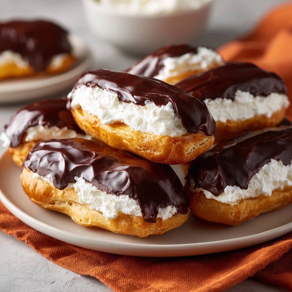 Klassische Eclairs mit Schokoladenglasur und Vanillecreme in einer Nahaufnahme auf einem Teller, die Textur der Creme und Glasur zeigend.