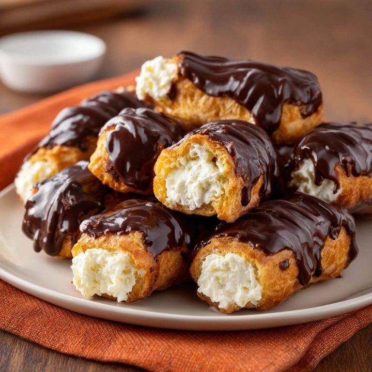 Klassische Eclairs mit Schokoladenglasur und Vanillecreme, im Querschnitt auf einem Teller gestapelt, zeigen die cremige Füllung.
