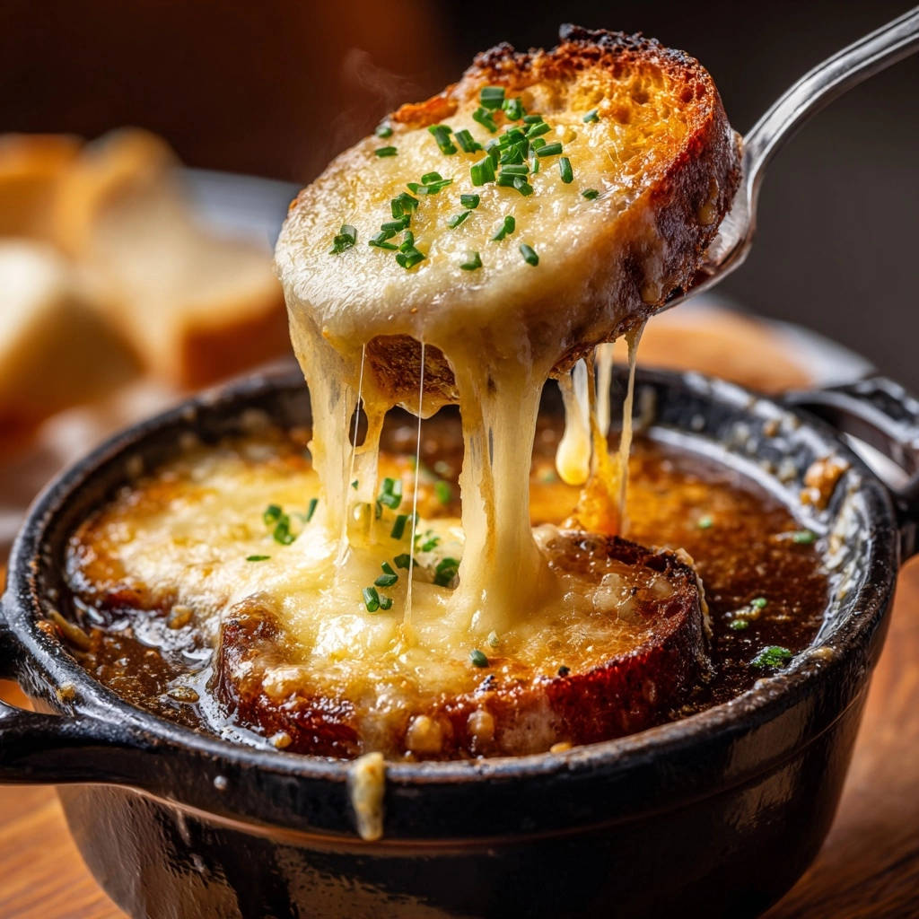 Klassische französische Zwiebelsuppe mit geschmolzenem Käse, der von einem Löffel herunterzieht, garniert mit Schnittlauch.