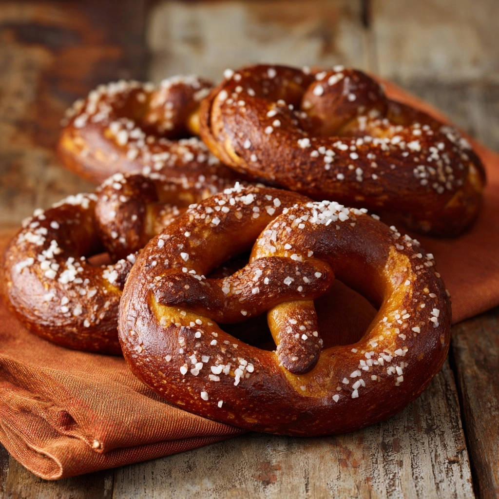 Klassische Laugenbrezeln für Zuhause, frisch gebacken und mit grobem Salz bestreut, in Nahaufnahme auf einem Küchentuch.