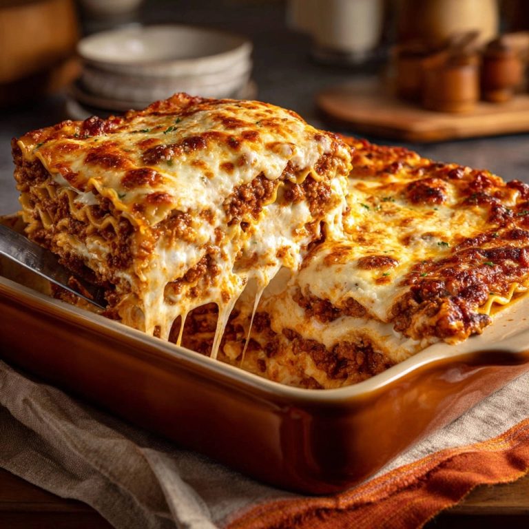 Klassische Ofen-Lasagne, angeschnitten, mit geschmolzenem Käse, der Fäden zieht, in einer braunen Auflaufform.