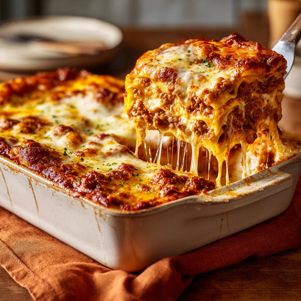 Klassische Ofen-Lasagne, die von einer Gabel angehoben wird und dabei lange Fäden geschmolzenen Käses zieht.