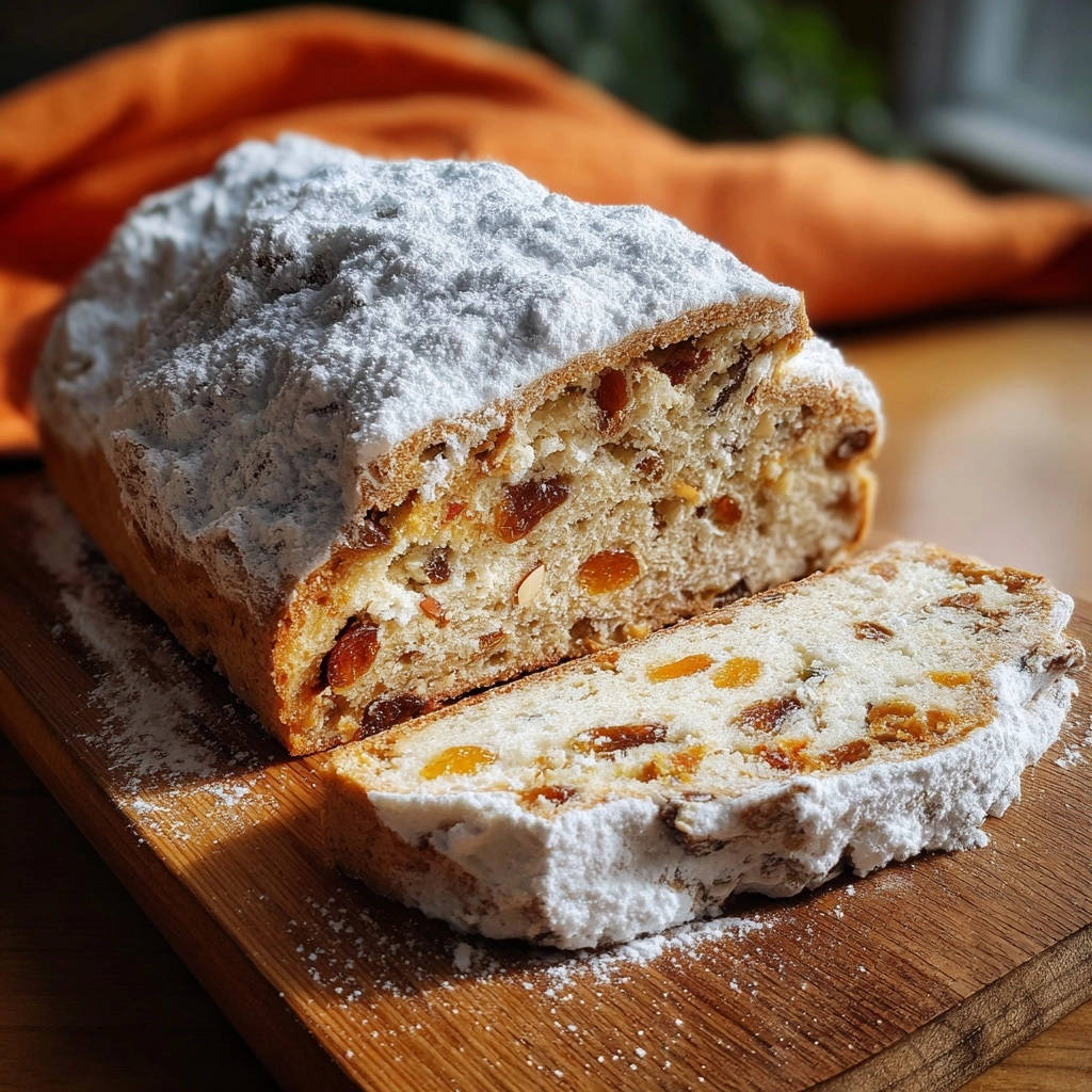 Klassischer Weihnachtsstollen angeschnitten, mit Puderzucker bestäubt und voller Rosinen und Mandeln, auf einem Holzbrett serviert.