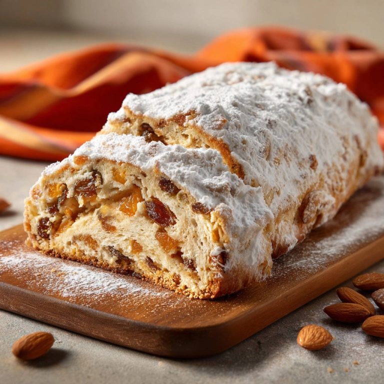 Klassischer Weihnachtsstollen angeschnitten mit Puderzucker bestäubt und Rosinen im Inneren, auf einem Holzbrett serviert.