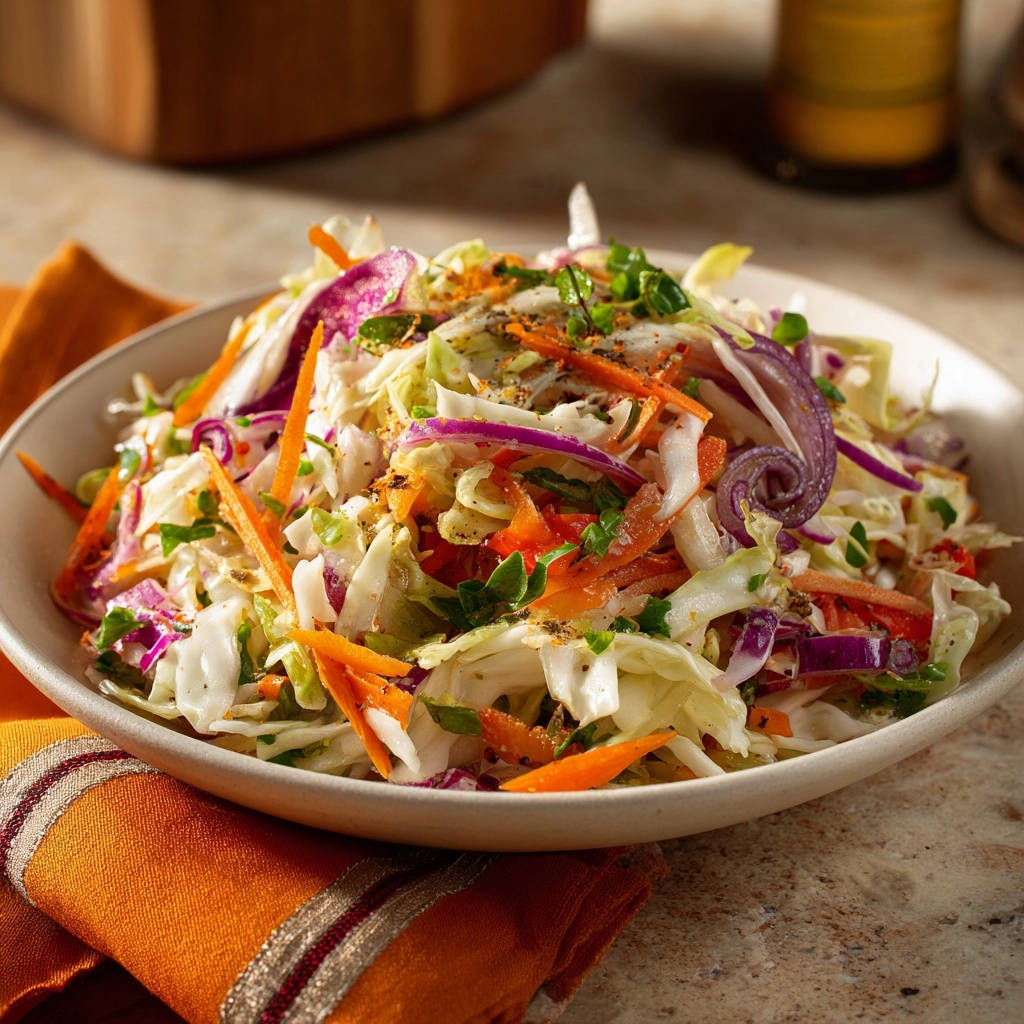 Knackiger Krautsalat mit Karotten & Rotkohl, als Nahaufnahme mit frischer Garnitur aus Kräutern und Gewürzen.