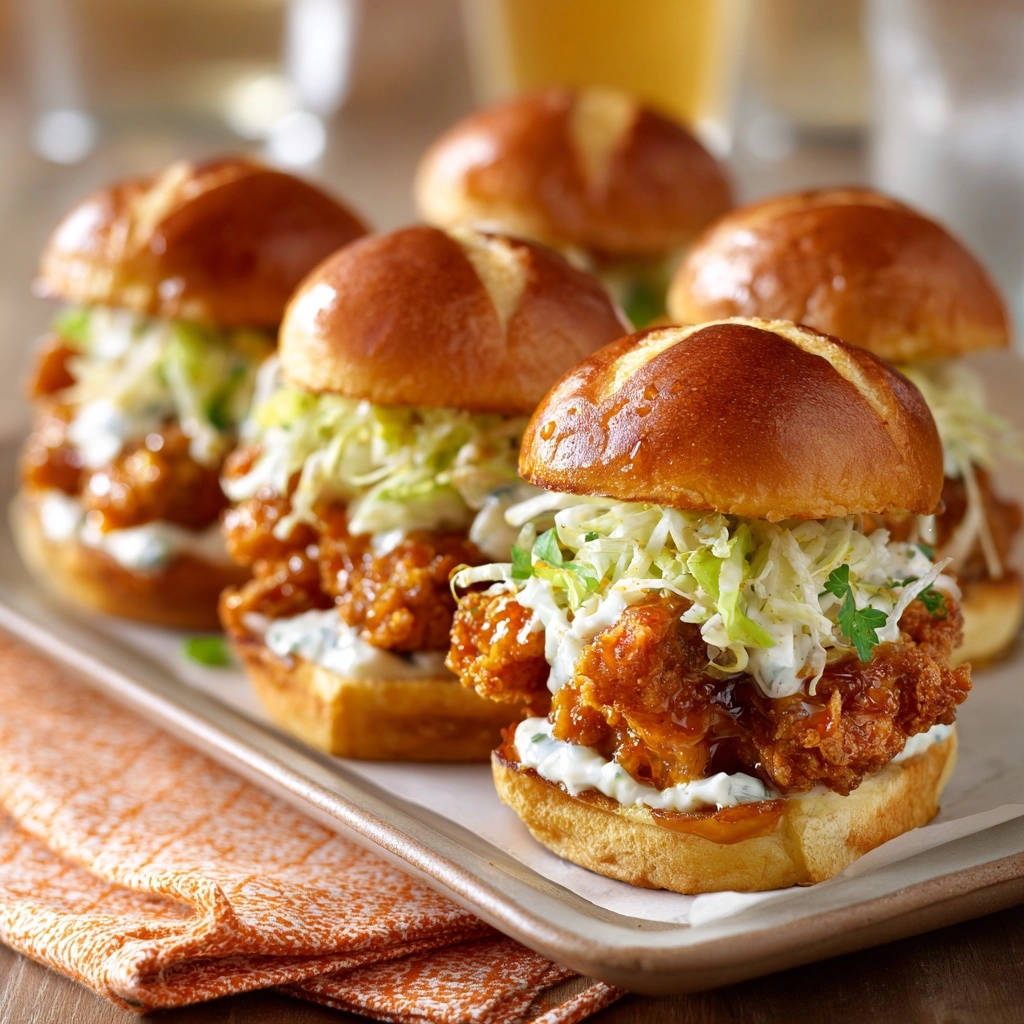 Ultimative Knusper-Hähnchen-Slider mit BBQ, hier in einer Nahaufnahme von vorne mit köstlichem Coleslaw und Sauce serviert.