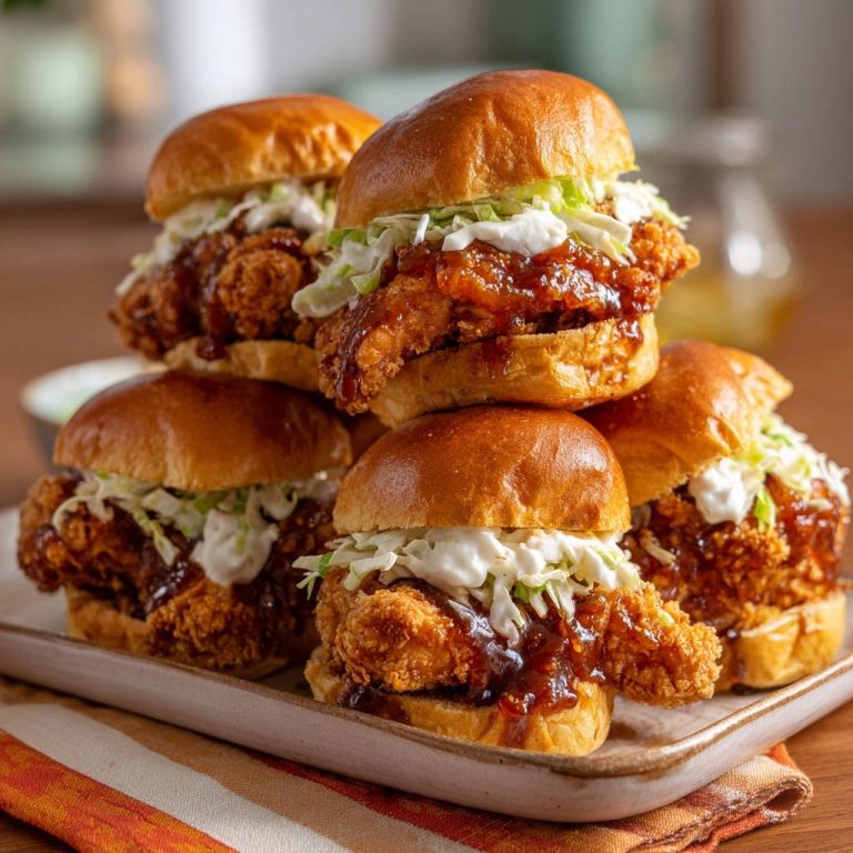 Ultimative Knusper-Hähnchen-Slider mit BBQ, gestapelt auf einem Teller mit einem Hauch von Salat und Sauce.