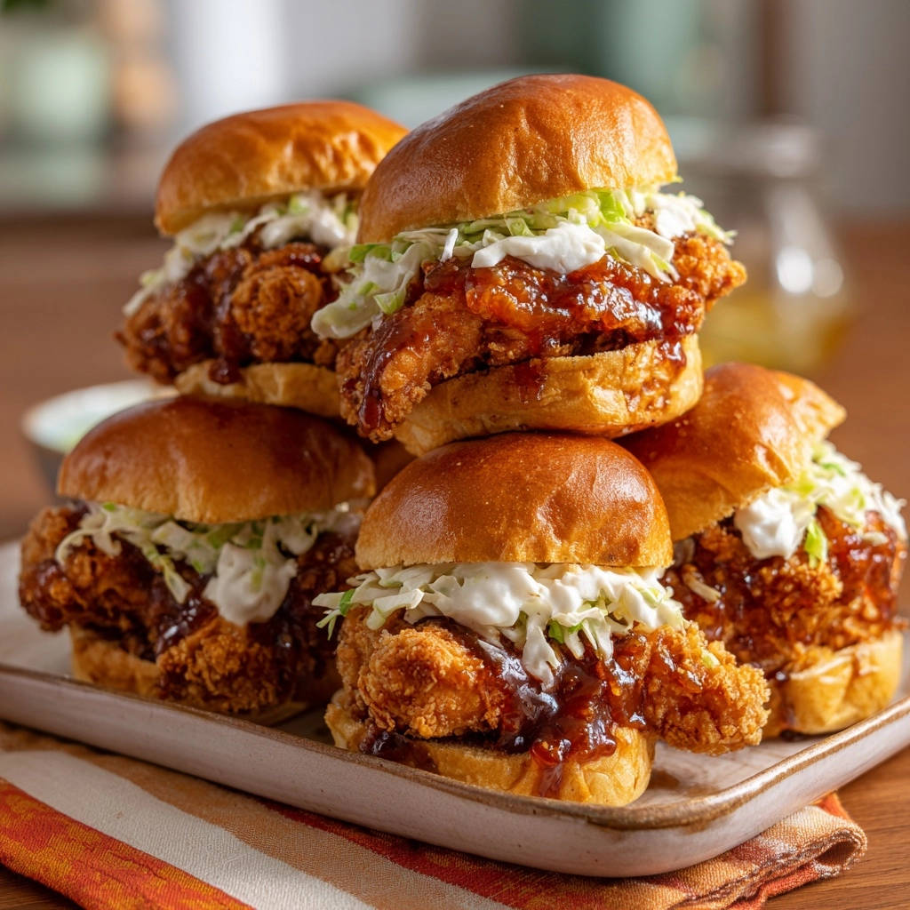 Ultimative Knusper-Hähnchen-Slider mit BBQ, gestapelt auf einem Teller mit einem Hauch von Salat und Sauce.