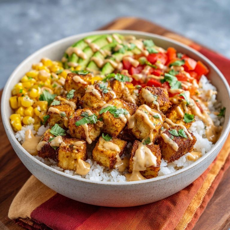 Die Ultimative Knusper-Tofu Bowl mit Avocado und Mais, garniert mit cremiger Sauce und Koriander.