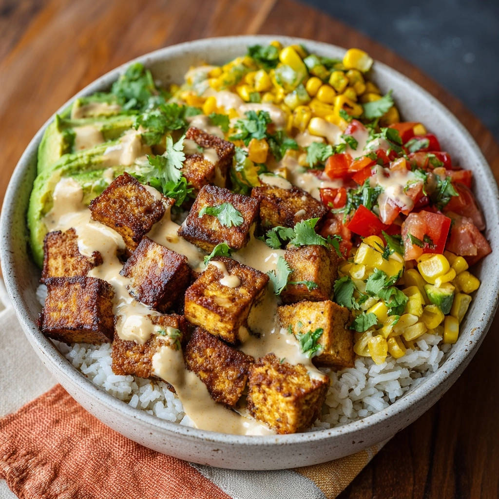 Die ultimative Knusper-Tofu Bowl, nah aufgenommen und mit frischem Koriander garniert, zeigt die einzelnen Komponenten des Gerichts.