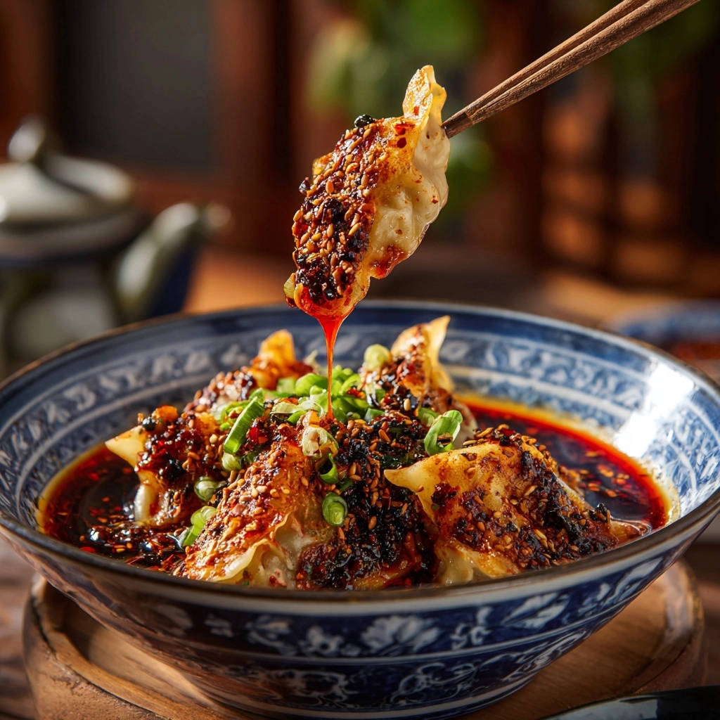 Knusprige Gyoza mit würziger Sesamsauce, garniert mit Frühlingszwiebeln und Sesamöl, detailaufnahme