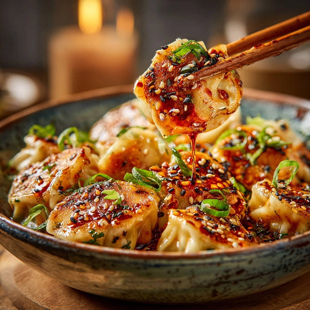 Knusprige Gyoza mit würziger Sesamsauce, detailreiche Nahaufnahme der glasierten Teigtaschen mit Sesam und Frühlingszwiebeln.