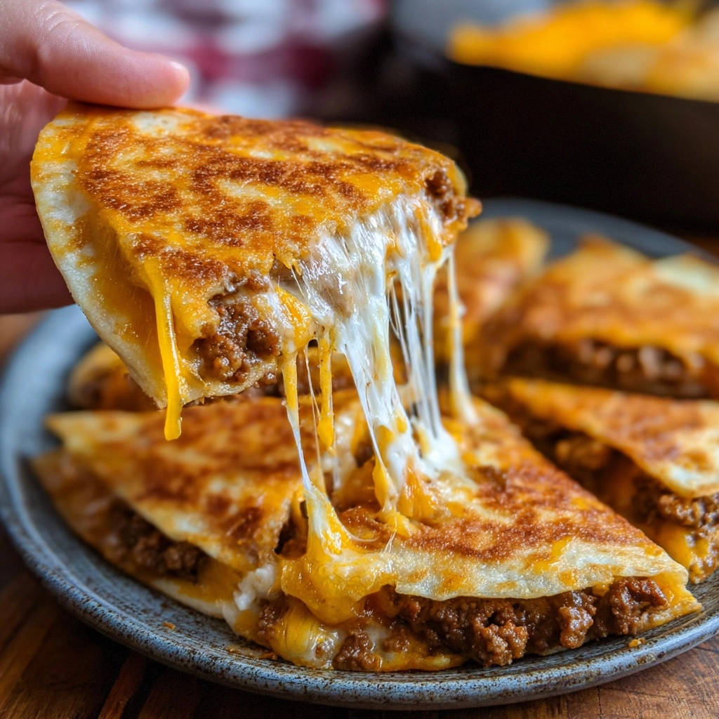 Knusprige Hackfleisch-Käse-Quesadillas, angeschnitten und mit geschmolzenem Käse, der Fäden zieht, auf einem Teller serviert.