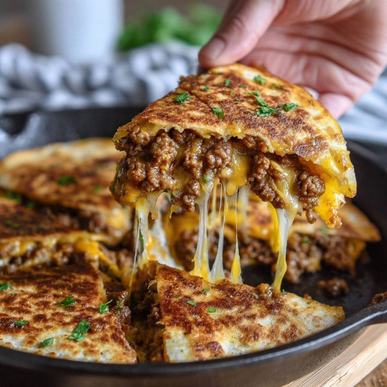 Knusprige Hackfleisch-Käse-Quesadillas mit geschmolzenem Käse, die aus einem angeschnittenen Stück herausgezogen werden.