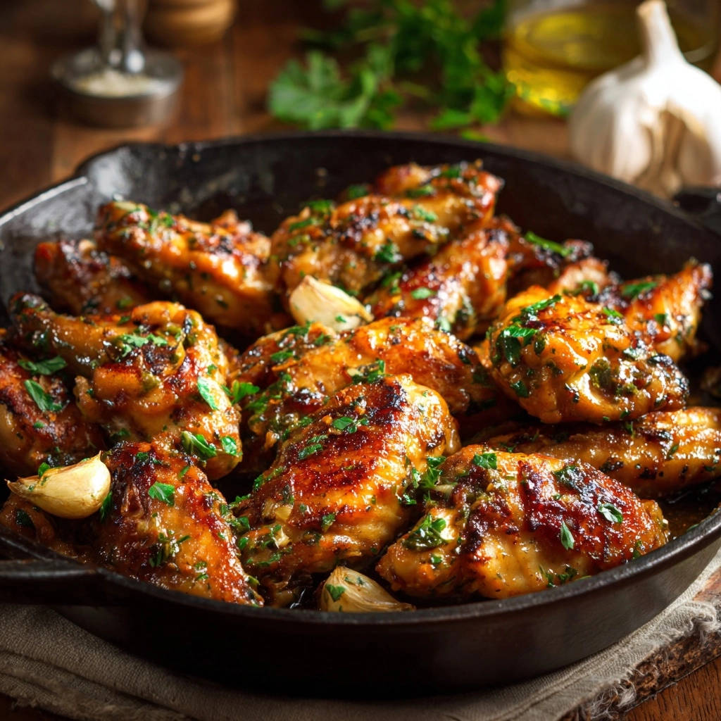 Knusprige Hähnchenflügel aus dem Ofen in einer Gusseisenpfanne mit Knoblauch und Kräutern garniert, Nahaufnahme.
