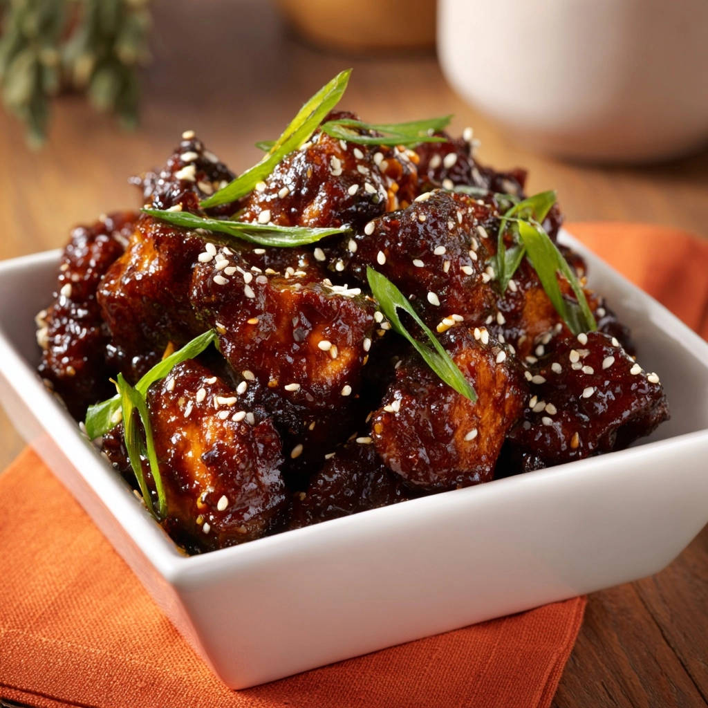 Knusprige Honig-Sesam Chicken Bites, detailreich garniert mit Sesam und Frühlingszwiebeln in einer weißen Schüssel.