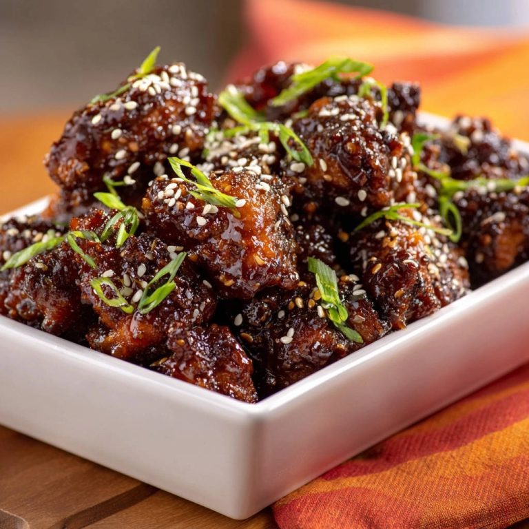 Knusprige Honig-Sesam Chicken Bites, garniert mit Frühlingszwiebeln und Sesam, in einer weißen Schüssel serviert.