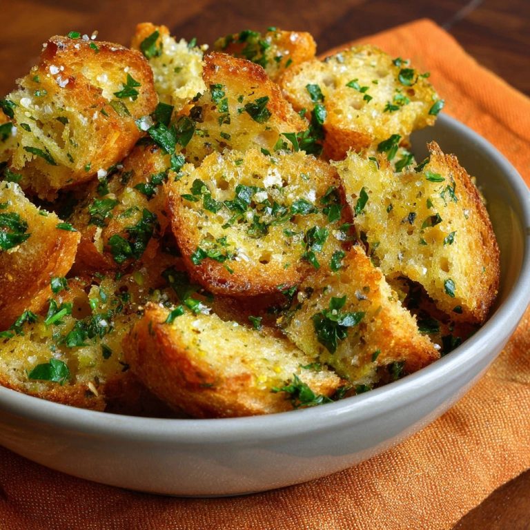 Knusprige Knoblauch-Croûtons mit frischer Petersilie und grobem Salz, detailnah in einer Schüssel serviert.