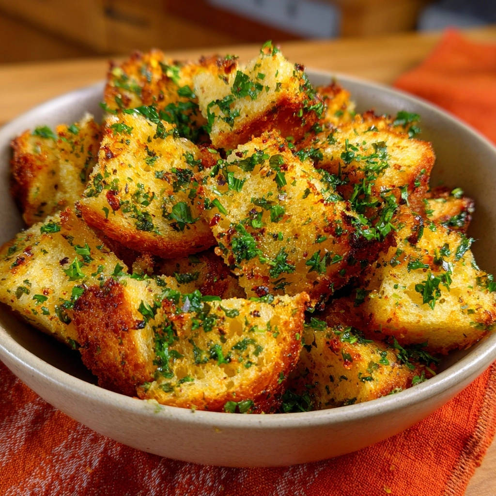 Knusprige Knoblauch-Croûtons als Nahaufnahme in einer Schale, bestreut mit frischer Petersilie und Gewürzen.