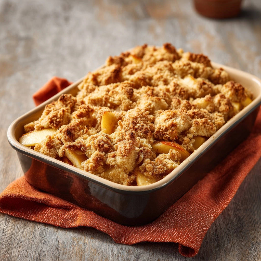 Knuspriger Apfel-Crumble mit goldenen, saftigen Streuseln in einer Auflaufform, nah aufgenommen.