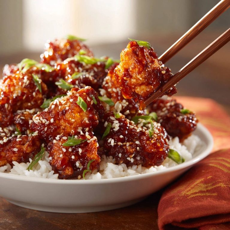 Knuspriges Asia-Hähnchen mit Sesam, das mit Stäbchen aus einer Reisschüssel gehoben wird.