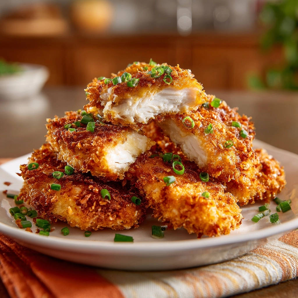 Knuspriges Hähnchen-Schnitzel angeschnitten, zeigt die goldbraune Panade und das saftige Innere, garniert mit Schnittlauch.