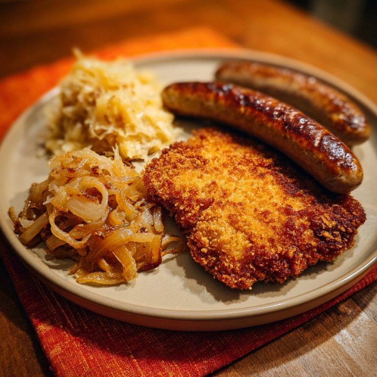 Deftige Hausmannskost: Knuspriges Schnitzel & Wurst mit Kraut, serviert mit karamellisierten Zwiebeln und Sauerkraut auf einem Teller.