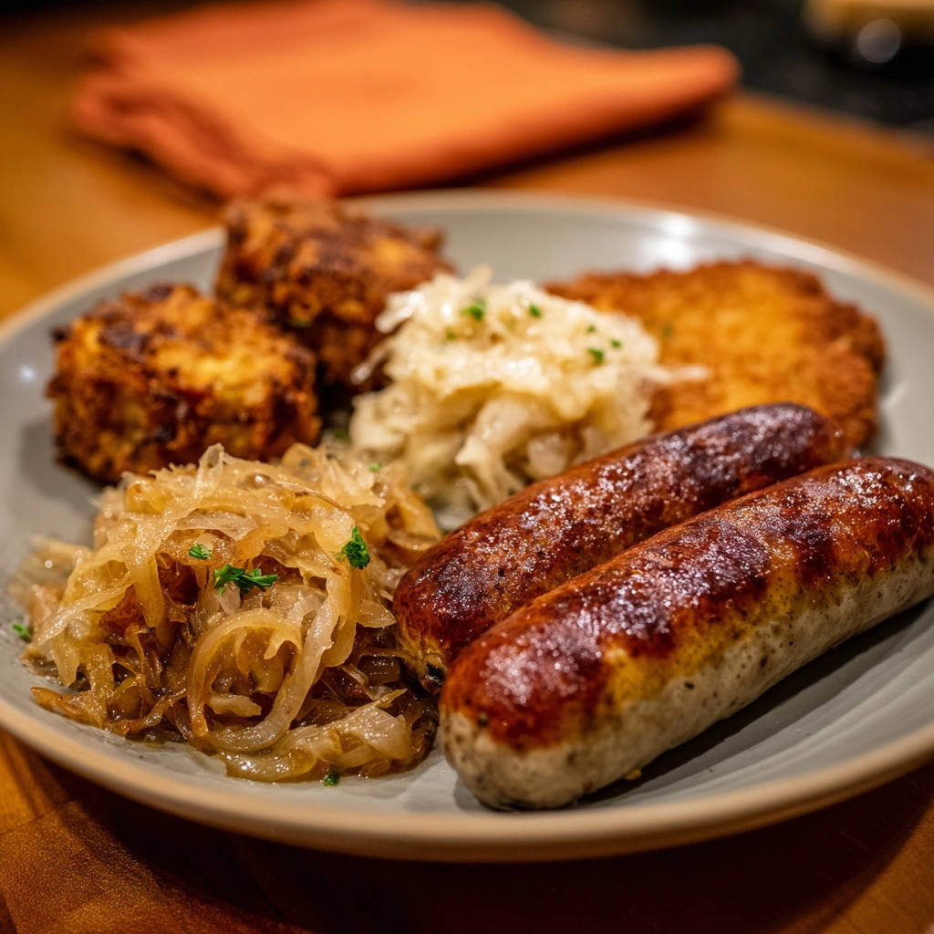 Knuspriges Schnitzel und Wurst mit Kraut serviert auf einem Teller, Nahaufnahme mit Fokus auf die Textur der Speisen.