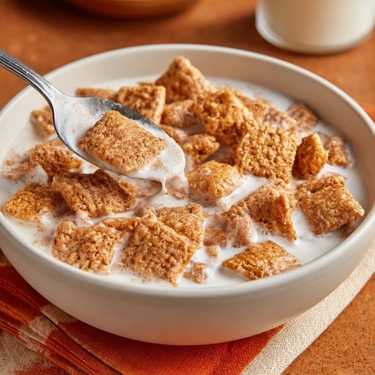 Knuspriges Zimt-Cereal mit Milch im Fokus, ein Löffel hebt ein einzelnes Stück aus der Schüssel hervor.