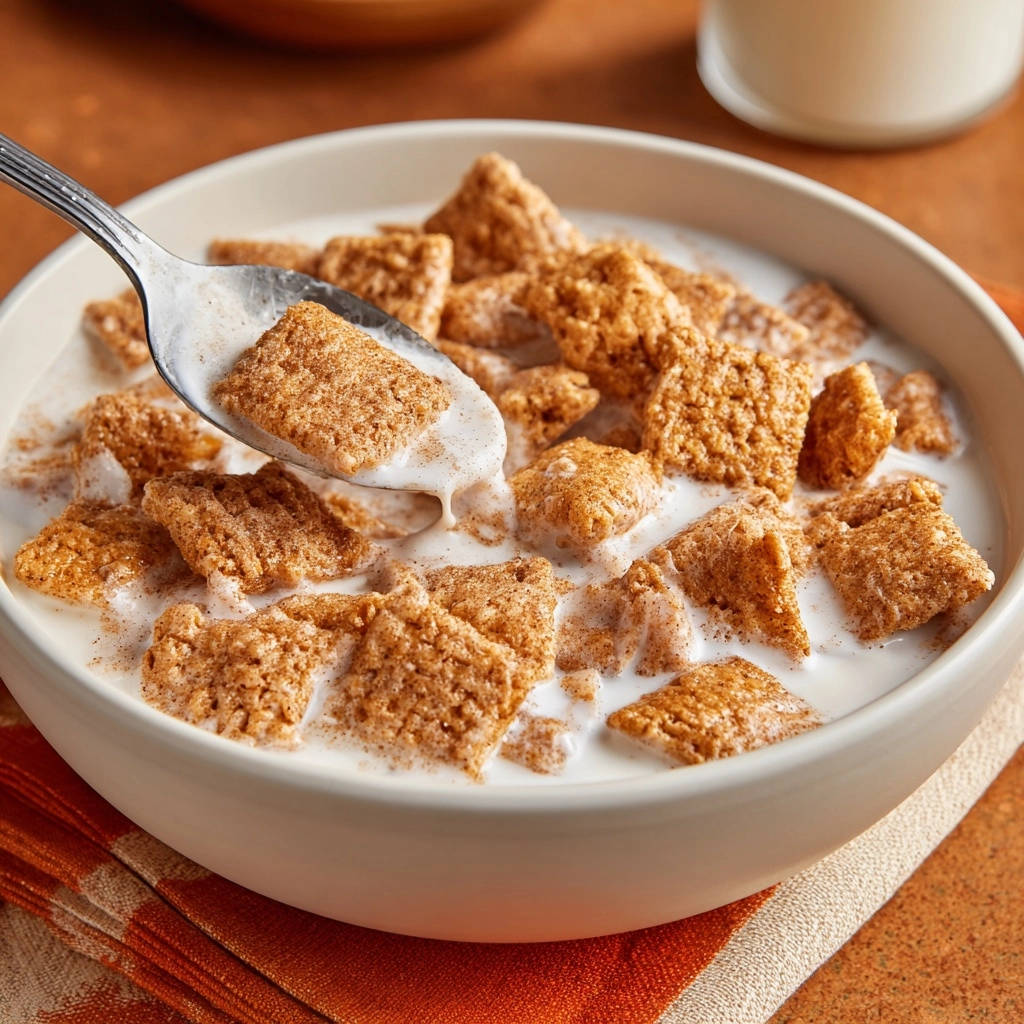 Knuspriges Zimt-Cereal mit Milch im Fokus, ein Löffel hebt ein einzelnes Stück aus der Schüssel hervor.