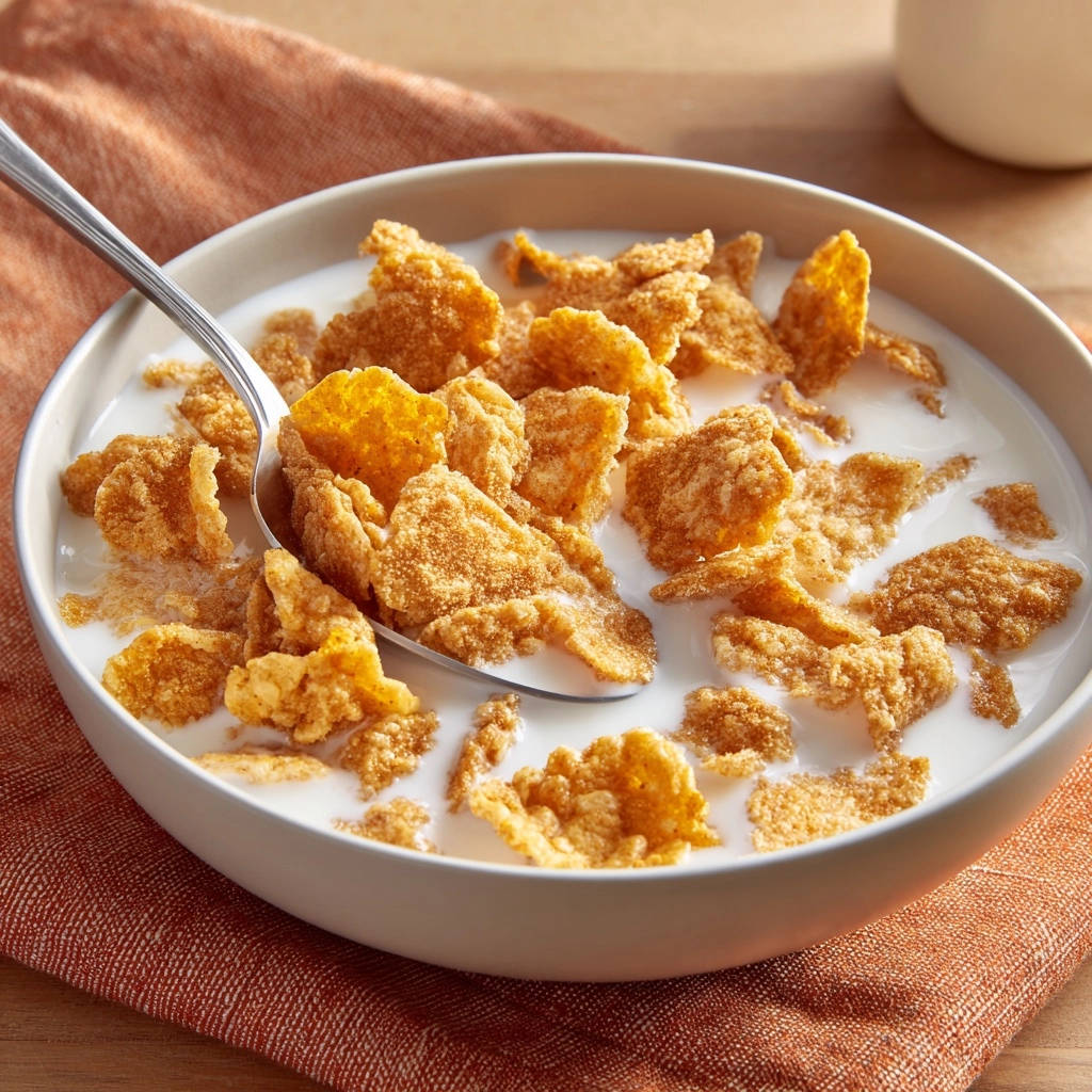 Knuspriges Zimt-Cereal in einer Schüssel mit einem Löffel, der eine Portion zeigt, die aus dem milchigen Inhalt herausgehoben wird.