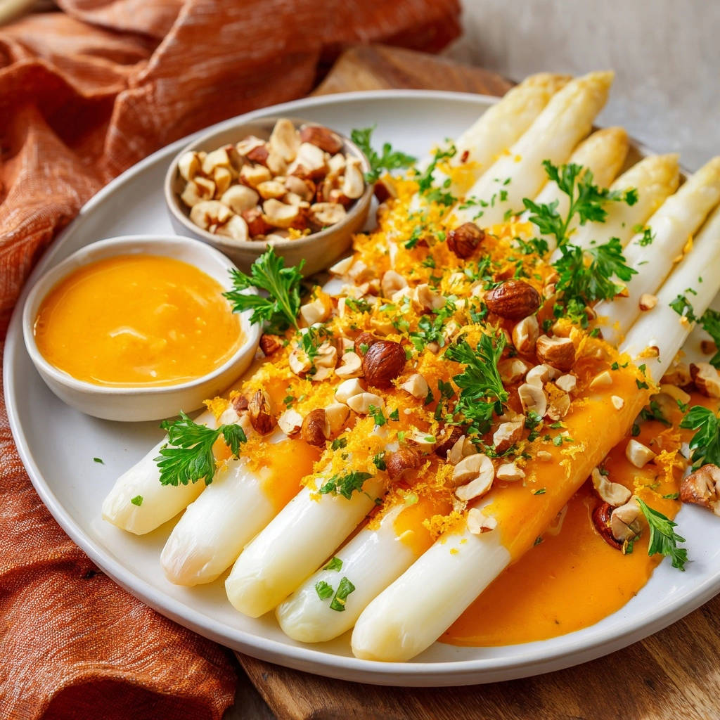 Königlicher Spargel mit Orangen-Hollandaise, serviert auf einem Teller mit gehackten Nüssen und Zitruszesten garniert.