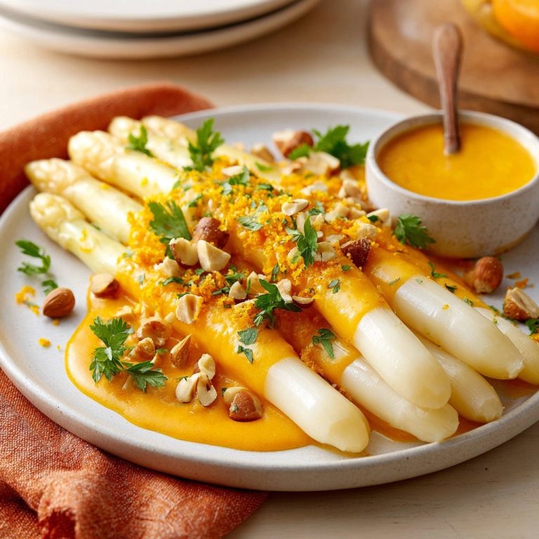 Königlicher Spargel mit Orangen-Hollandaise, garniert mit gehackten Nüssen und Petersilie auf einem Teller serviert.