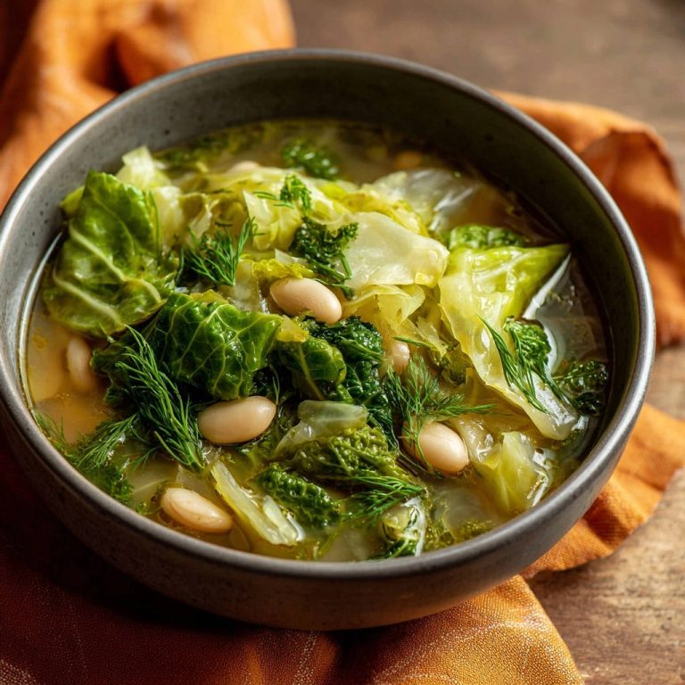 Herzhafte Kohl-Bohnen-Suppe mit weißen Bohnen und frischem Dill in einer Schüssel, Nahaufnahme der Zutaten.