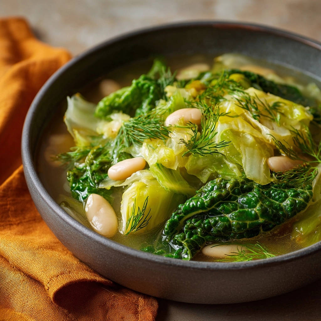 Herzhafte Kohl-Bohnen-Suppe nah aufgenommen, mit zarten Kohlblättern, weißen Bohnen und Dill garniert.