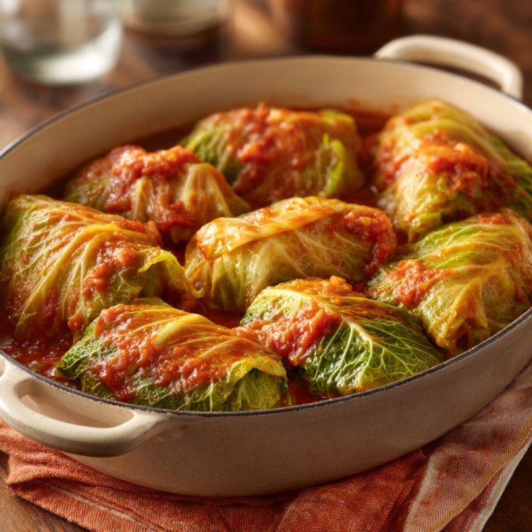 Krautwickel Klassiker in einer Auflaufform mit Tomatensauce, Nahaufnahme der gefüllten Kohlblätter.
