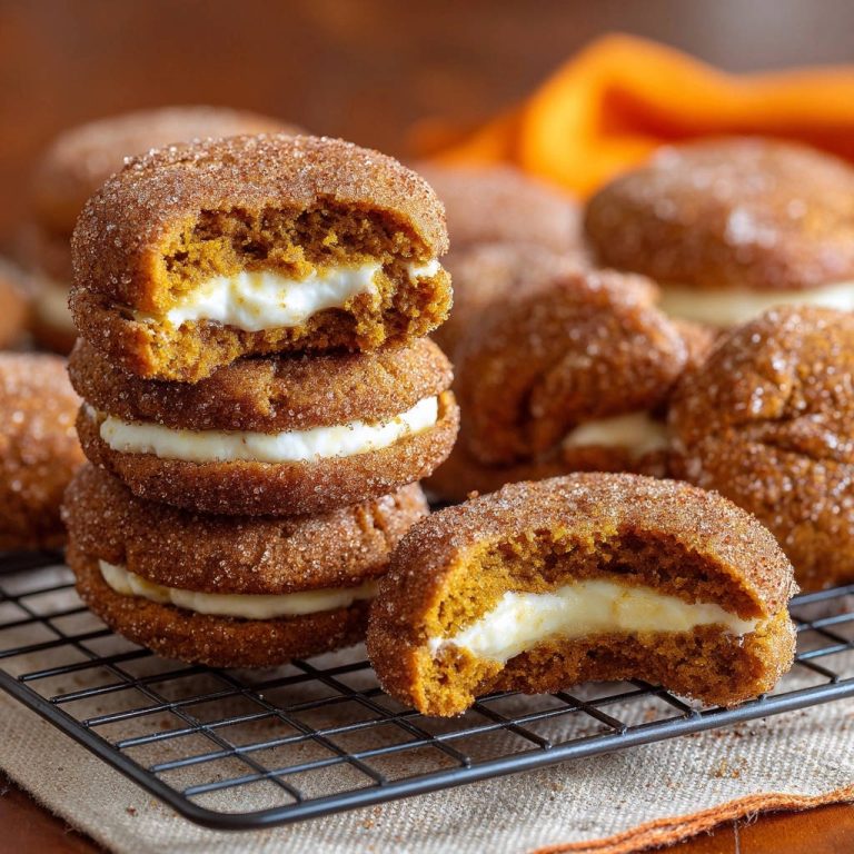 Kürbis Whoopie Pies mit Frischkäsefüllung im angeschnittenen Querschnitt auf einem Gitterrost gestapelt
