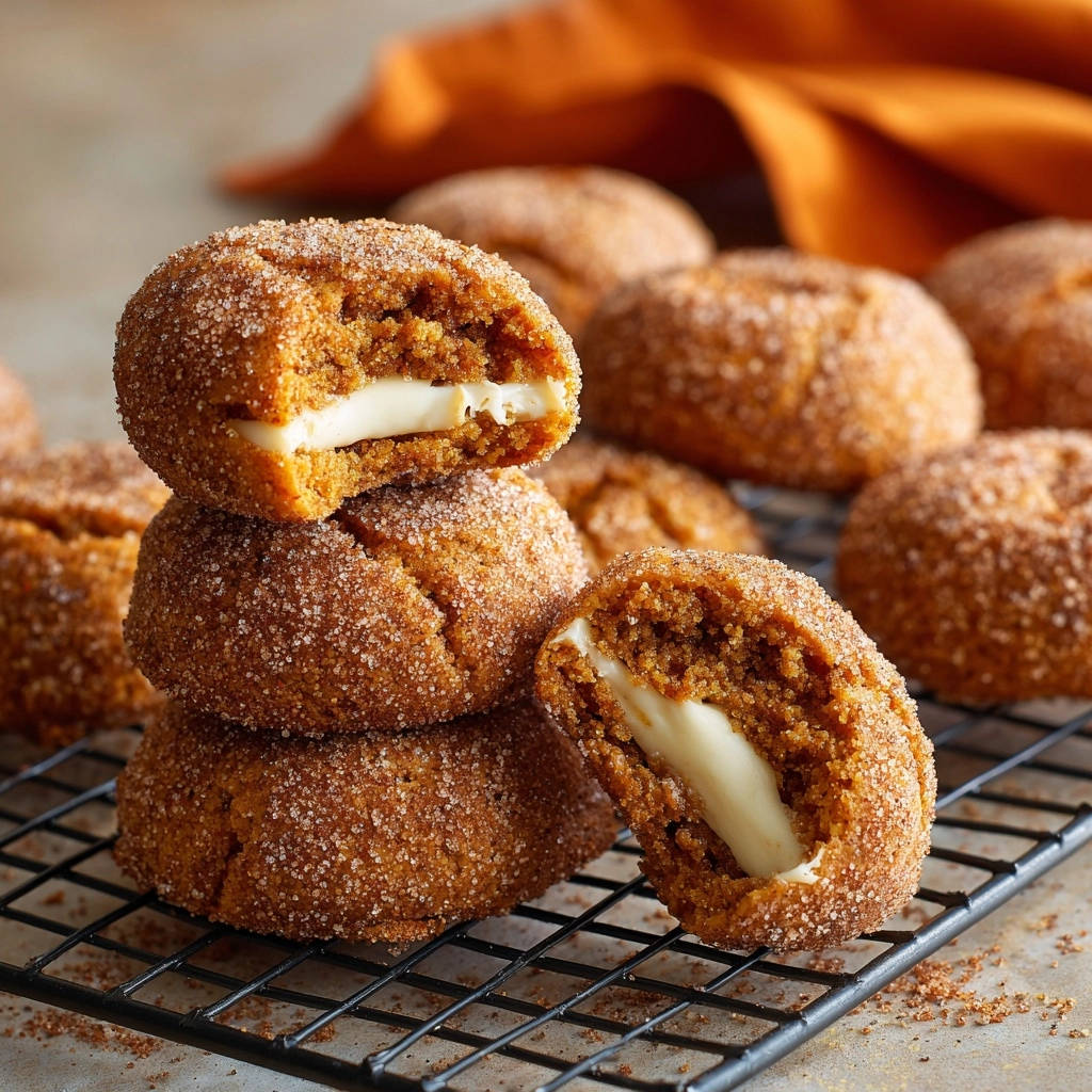 Kürbis Whoopie Pies mit Frischkäsefüllung, angeschnitten und gestapelt, zeigen die cremige Füllung im Inneren.