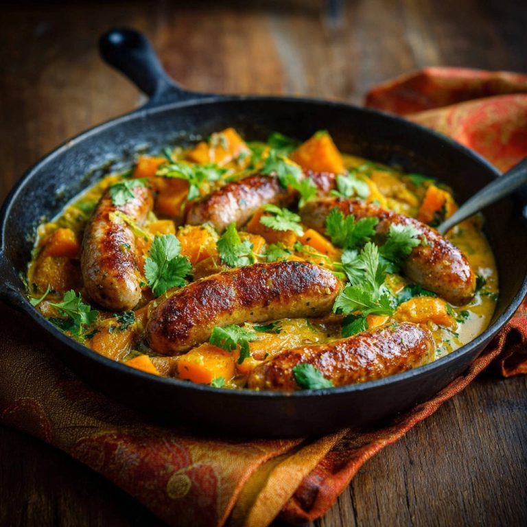 Cremige Kürbis-Würstchen-Pfanne im Gusseisen mit frischer Petersilie garniert, ein One-Pot-Wunder.