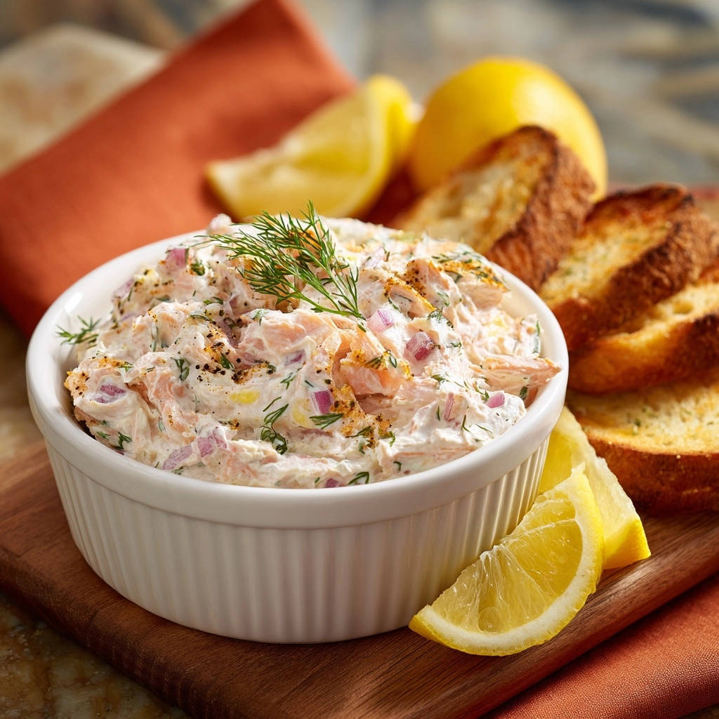 Cremiger Lachs-Dill-Aufstrich mit Dill und roten Zwiebeln, nahaufnahme in einer weißen Schüssel mit Brot und Zitrone