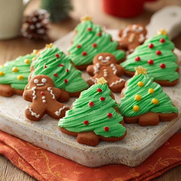 Traditionelle Lebkuchen- und Baumplätzchen mit grüner Glasur und bunten Streuseln, nahaufnahme auf einem Brett