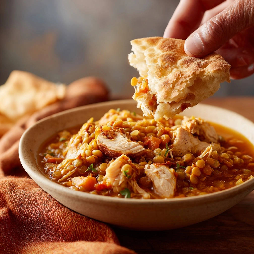 Herzhaftes Linsen-Hähnchen-Curry mit Fladenbrot, das zum Eintunken in die Sauce verwendet wird, nahaufnahme der Textur