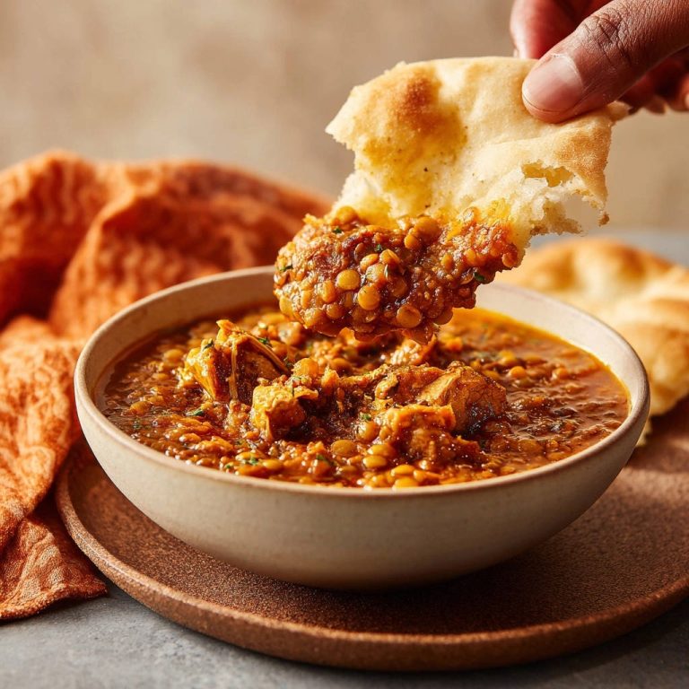 Herzhaftes Linsen-Hähnchen-Curry wird mit einem Stück Fladenbrot aus der Schüssel gehoben.
