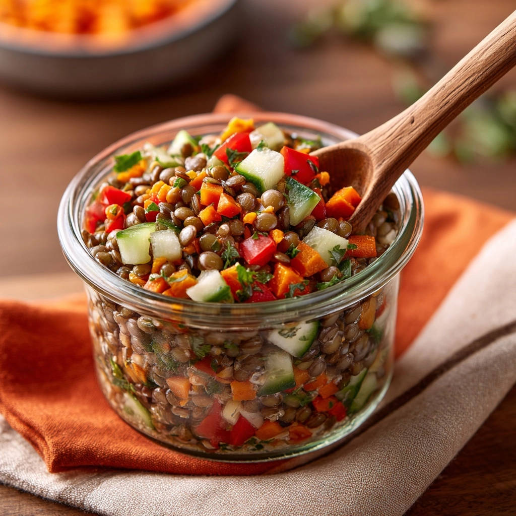 Frischer Linsensalat mit buntem Gemüse im Glas mit einem Holzlöffel, perfekt bissfest und aromatisch.