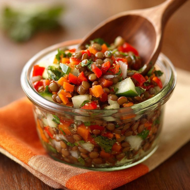 Frischer Linsensalat mit buntem Gemüse in einem Glas, mit einem Holzloeffel serviert, nahaufnahme der Textur.
